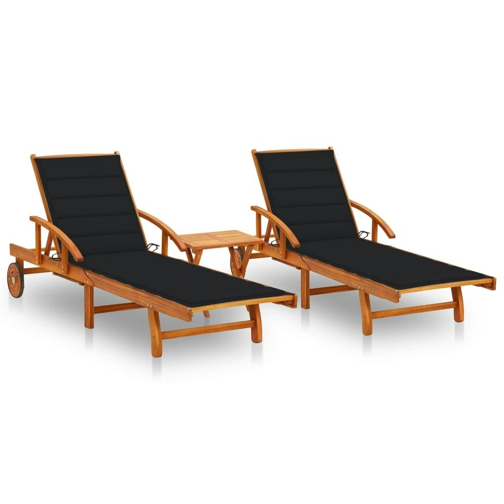 Sun Loungers 2 pcs with Table and Cushions Solid Wood Acacia 3077352