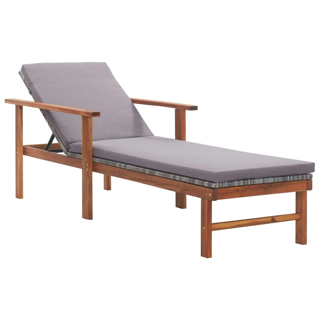 Sun Lounger with Cushion Poly Rattan and Solid Acacia Wood Grey 48705