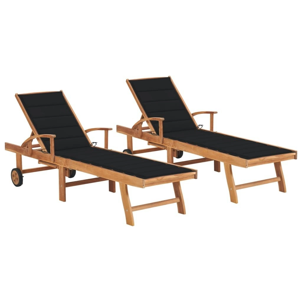 Sun Loungers 2 pcs with Black Cushion Solid Teak Wood 3073193