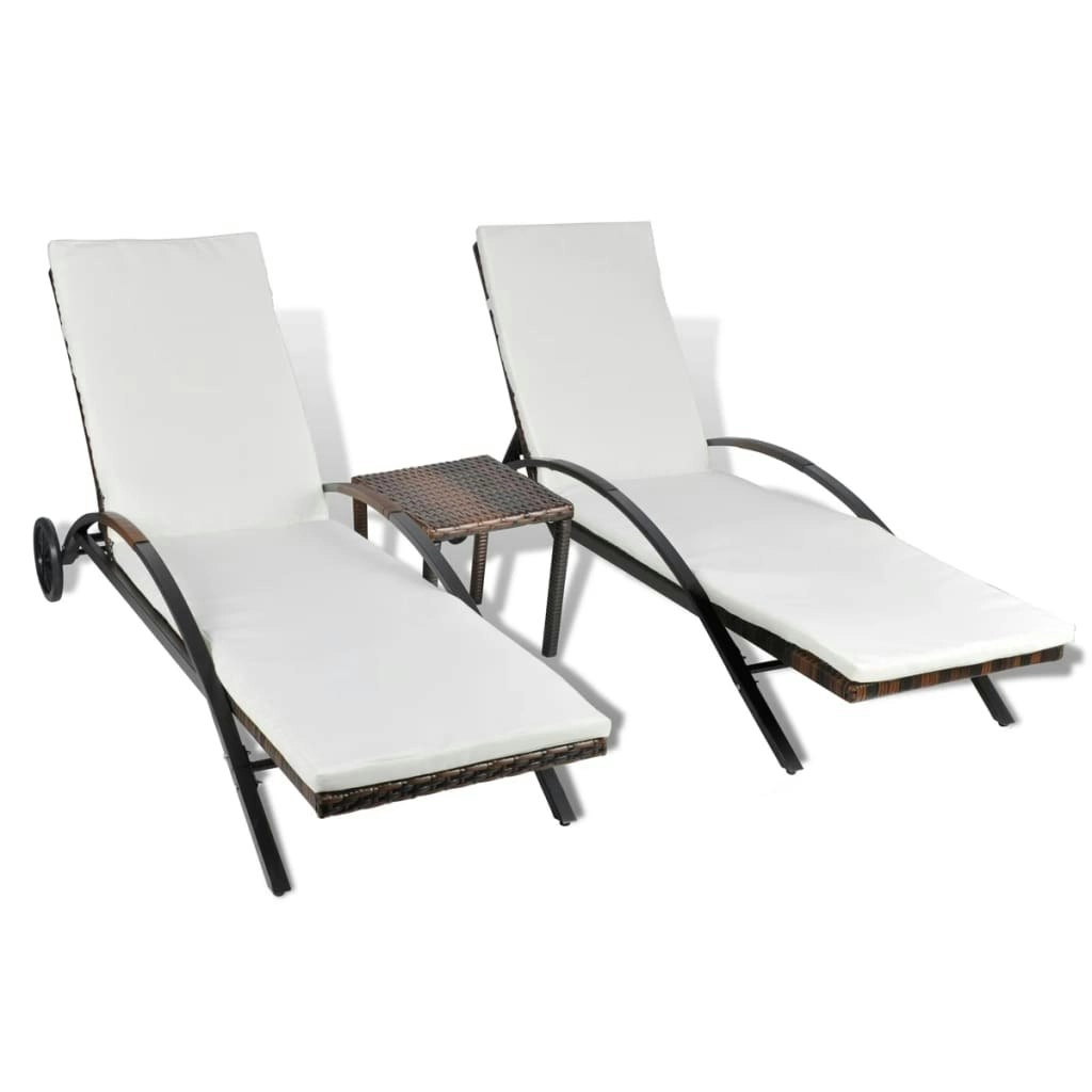 Sun Loungers with Table Poly Rattan Brown 42490