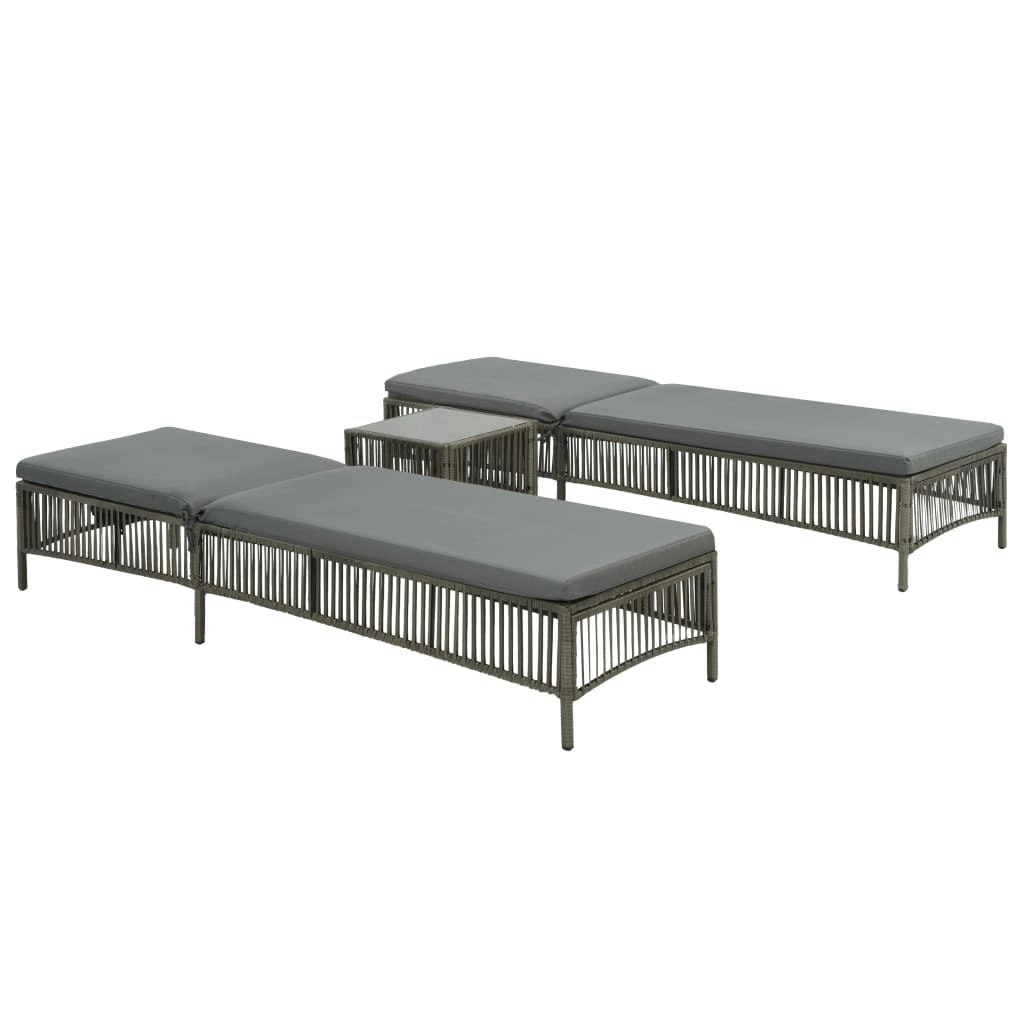 Sunloungers 2 pcs with Table Poly Rattan Grey 44456