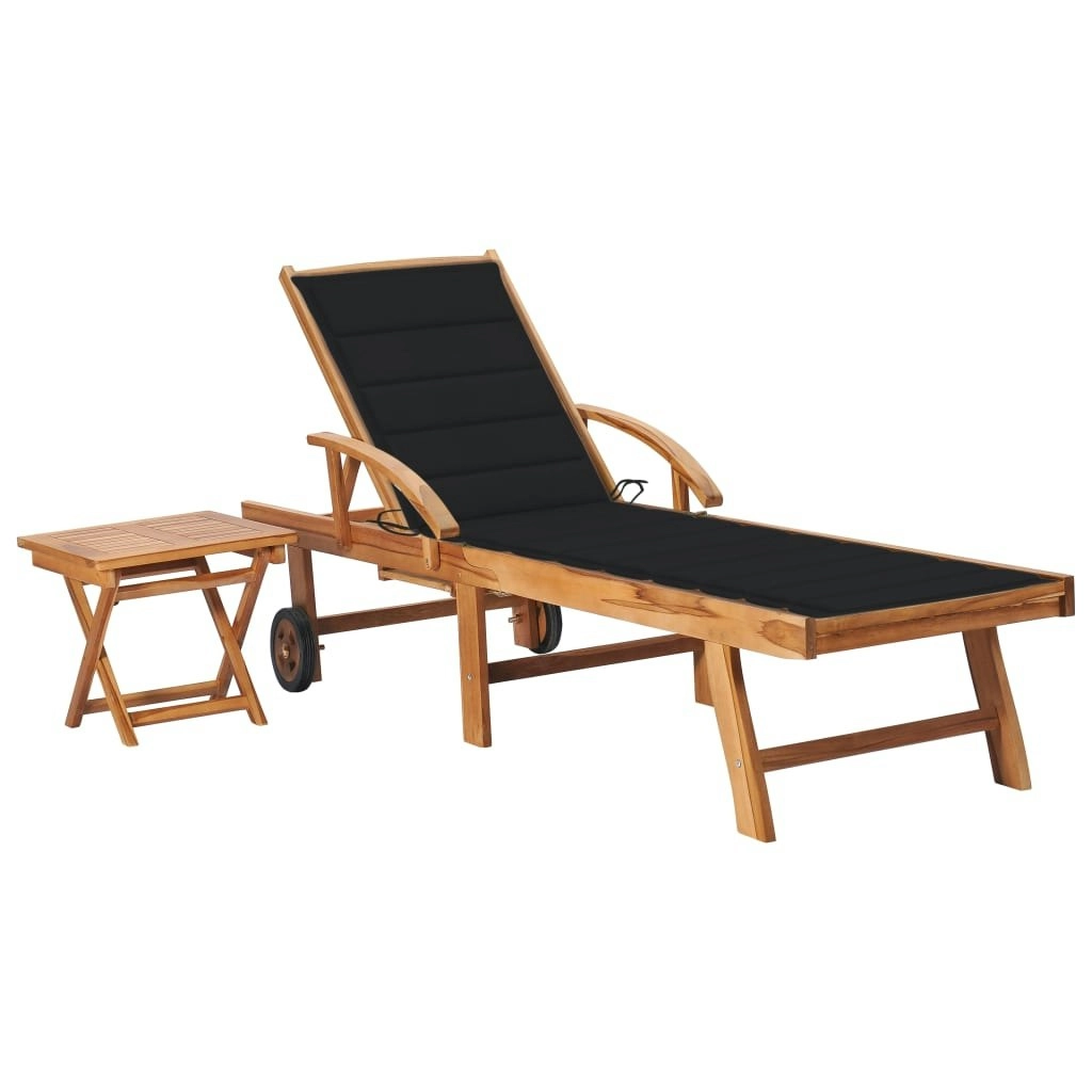 Sun Lounger with Table and Cushion Solid Teak Wood 3063028