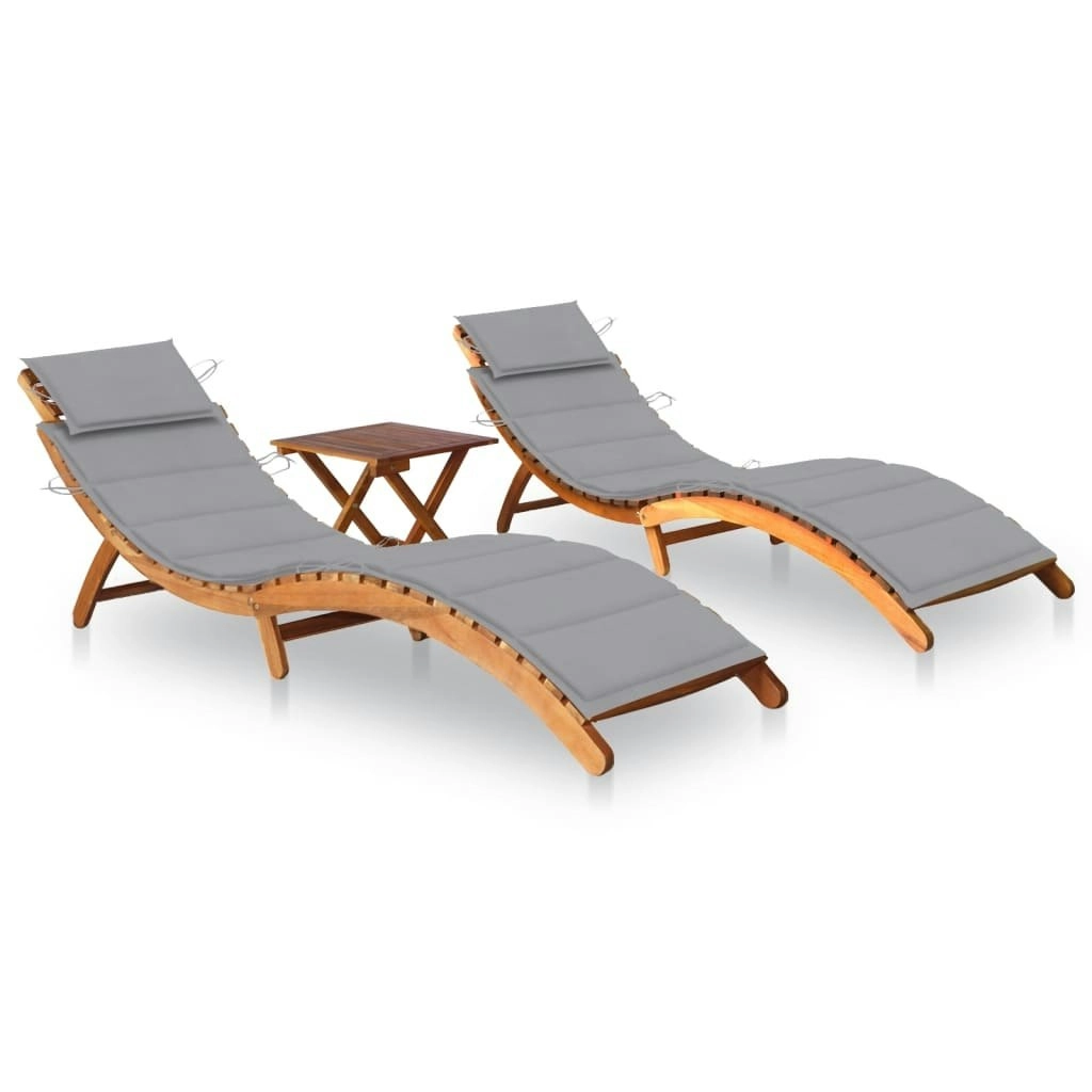 Sun Loungers 2 pcs with Table and Cushions Solid Wood Acacia 3077377