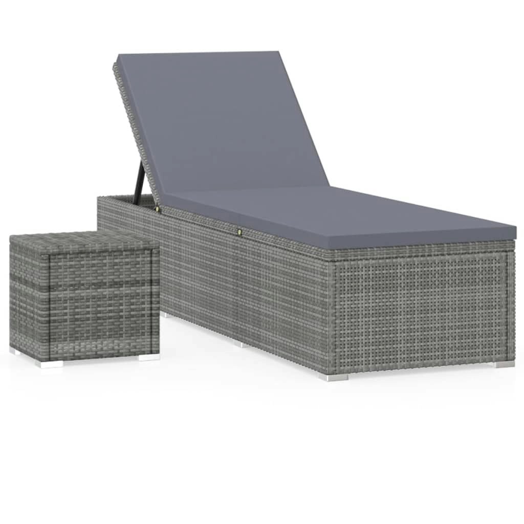 Sun Lounger with Cushion and Tea Table Poly Rattan Grey 46227