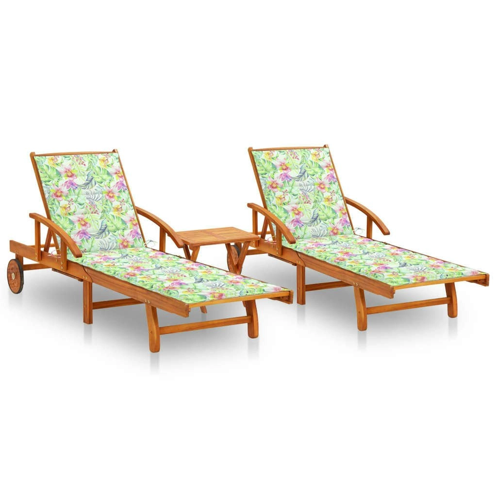 Sun Loungers 2 pcs with Table and Cushions Solid Acacia Wood 3077357