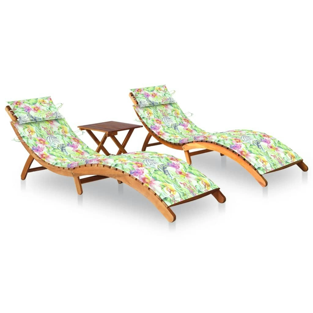 Sun Loungers 2 pcs with Table and Cushions Solid Acacia Wood 3077388