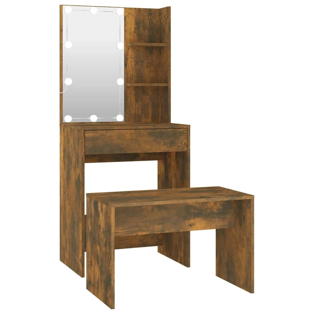 Dressing Table Set with LED Smoked Oak Engineered Wood 3114136