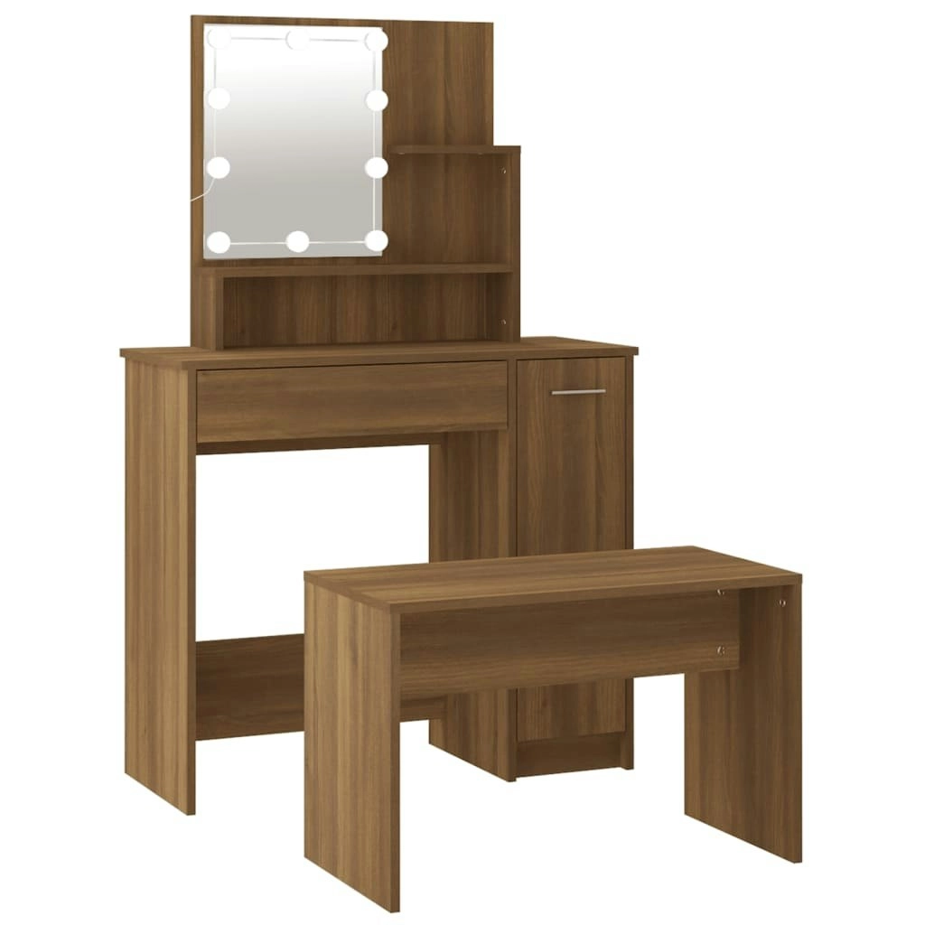 Dressing Table Set with LED Brown Oak Engineered Wood 3114122