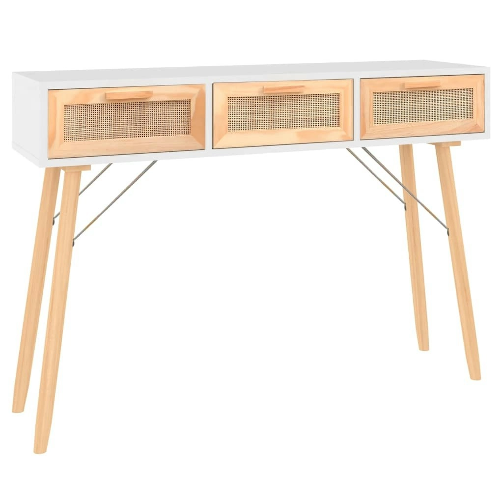 Console Table White 105x30x75 cm Solid Wood Pine&Natural Rattan 345627