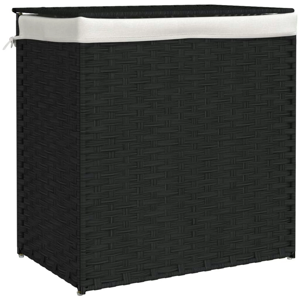 Laundry Basket with 2 Sections Black 53x35x57 cm Poly Rattan 372037