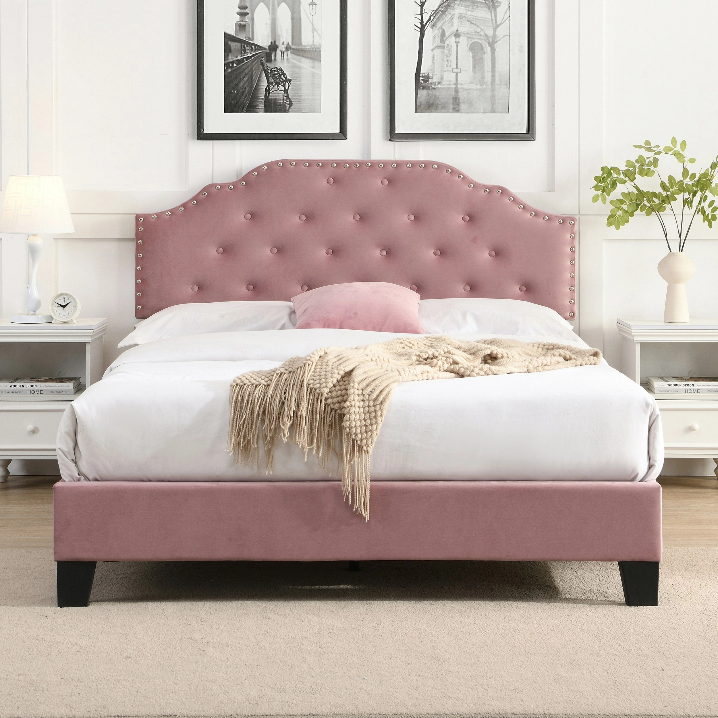 IHOMDEC BEF02 Queen Size Upholstered Velvet Button Tufted Bed Frame Pink