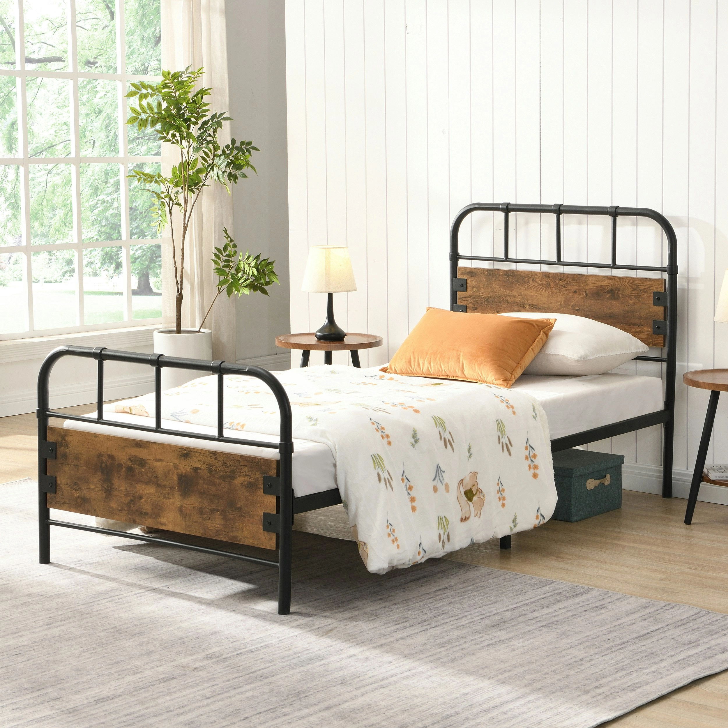 IHOMDEC Single Kid¡¯s Bed Metal Tube Frame Base Black&Rust Dark Brown