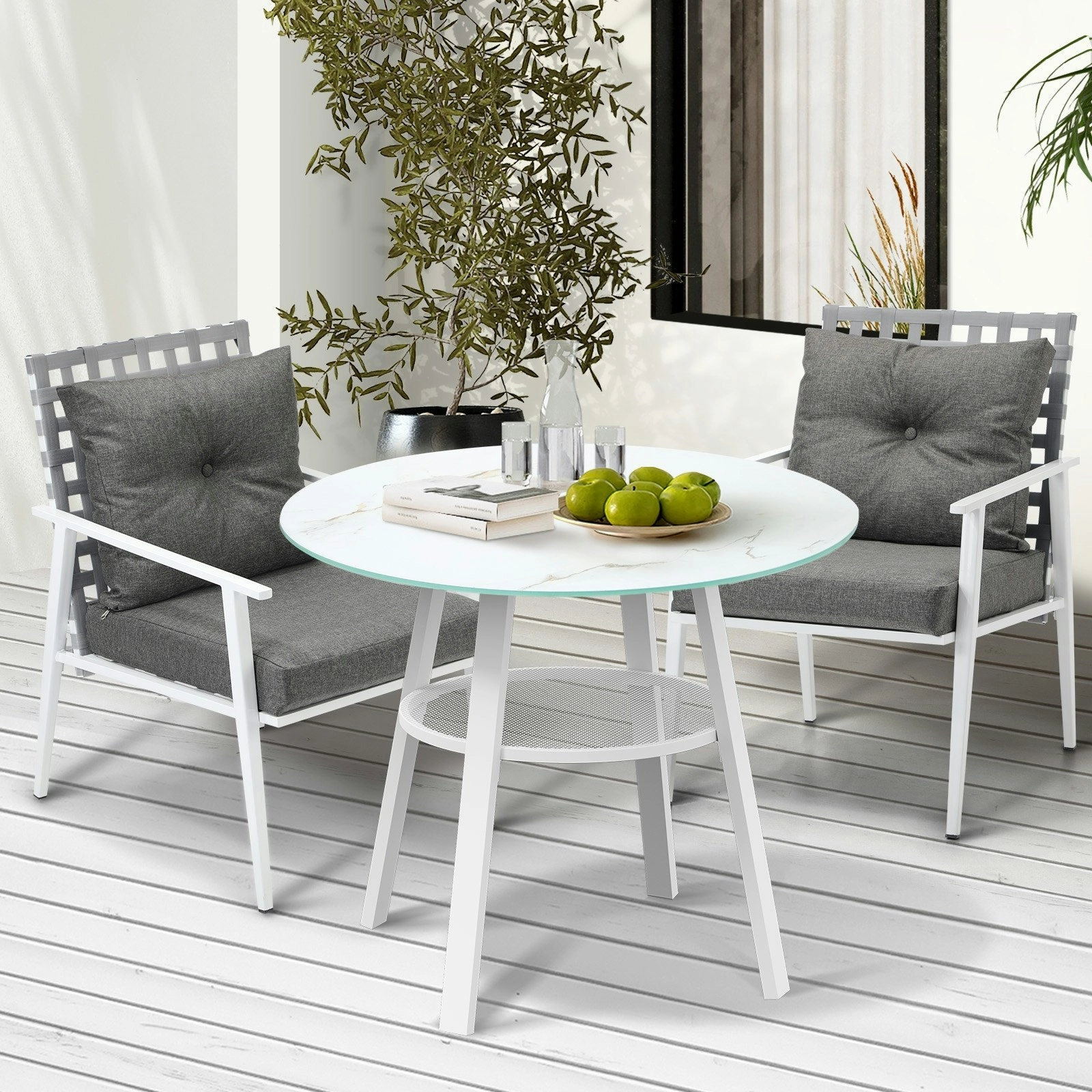 Livsip Outdoor Dining Set Patio Furniture Setting 3PCS Marble Table Rattan Chair