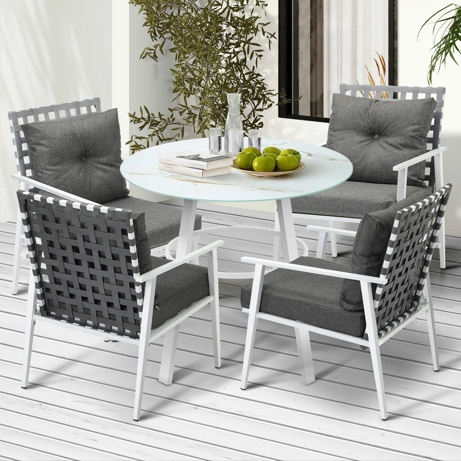 Livsip Outdoor Dining Set Patio Furniture Setting 5PCS Marble Table Rattan Chair