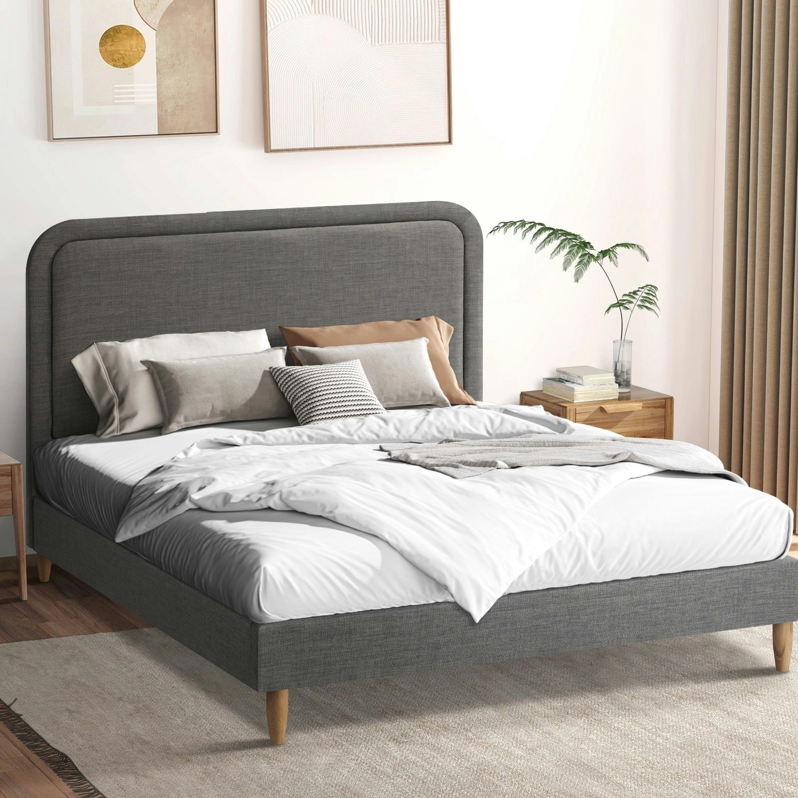 Oikiture Bed Frame Queen Size Beds Base Platform Fabric Grey BOB