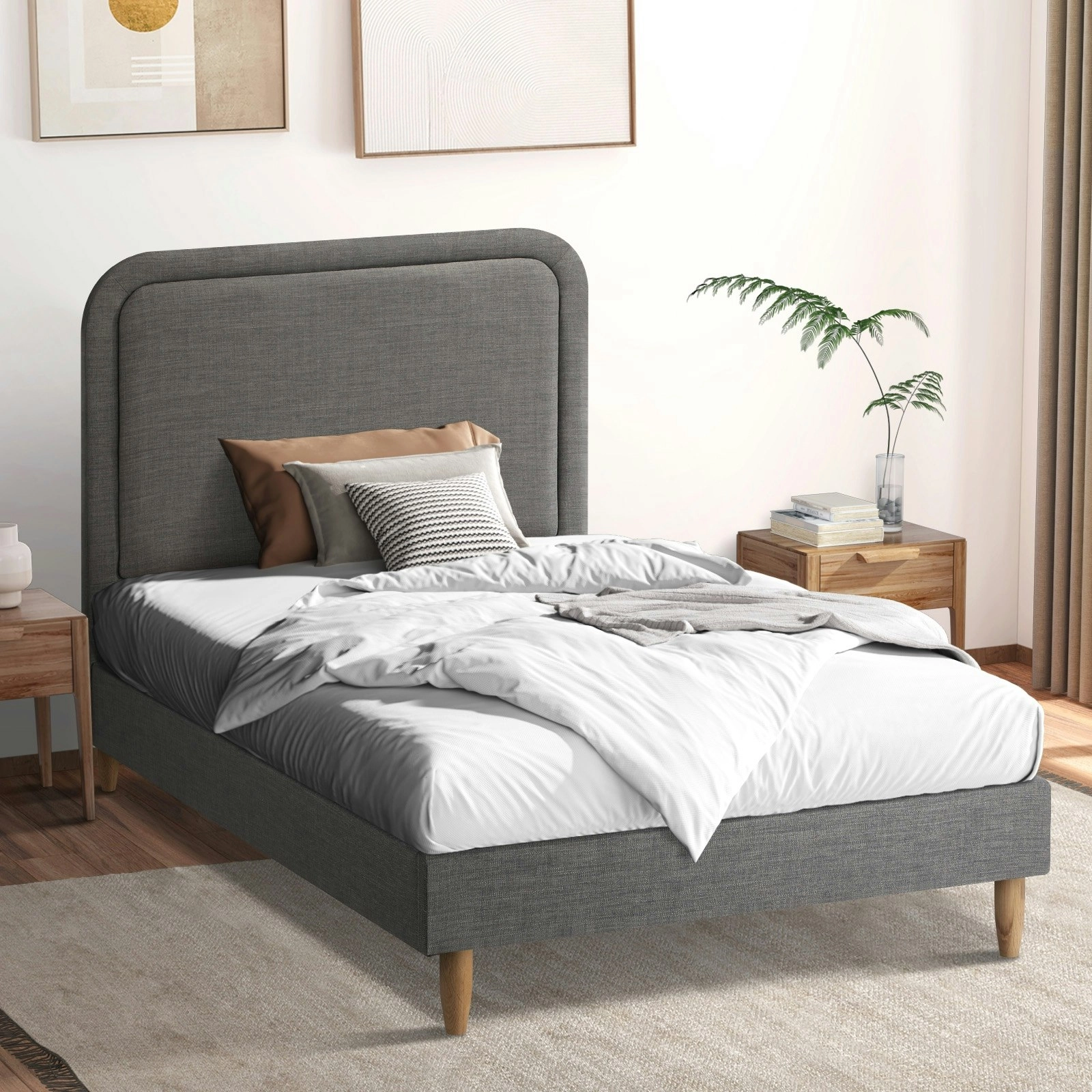 Oikiture Bed Frame King Single Beds Base Platform Fabric Grey BOB