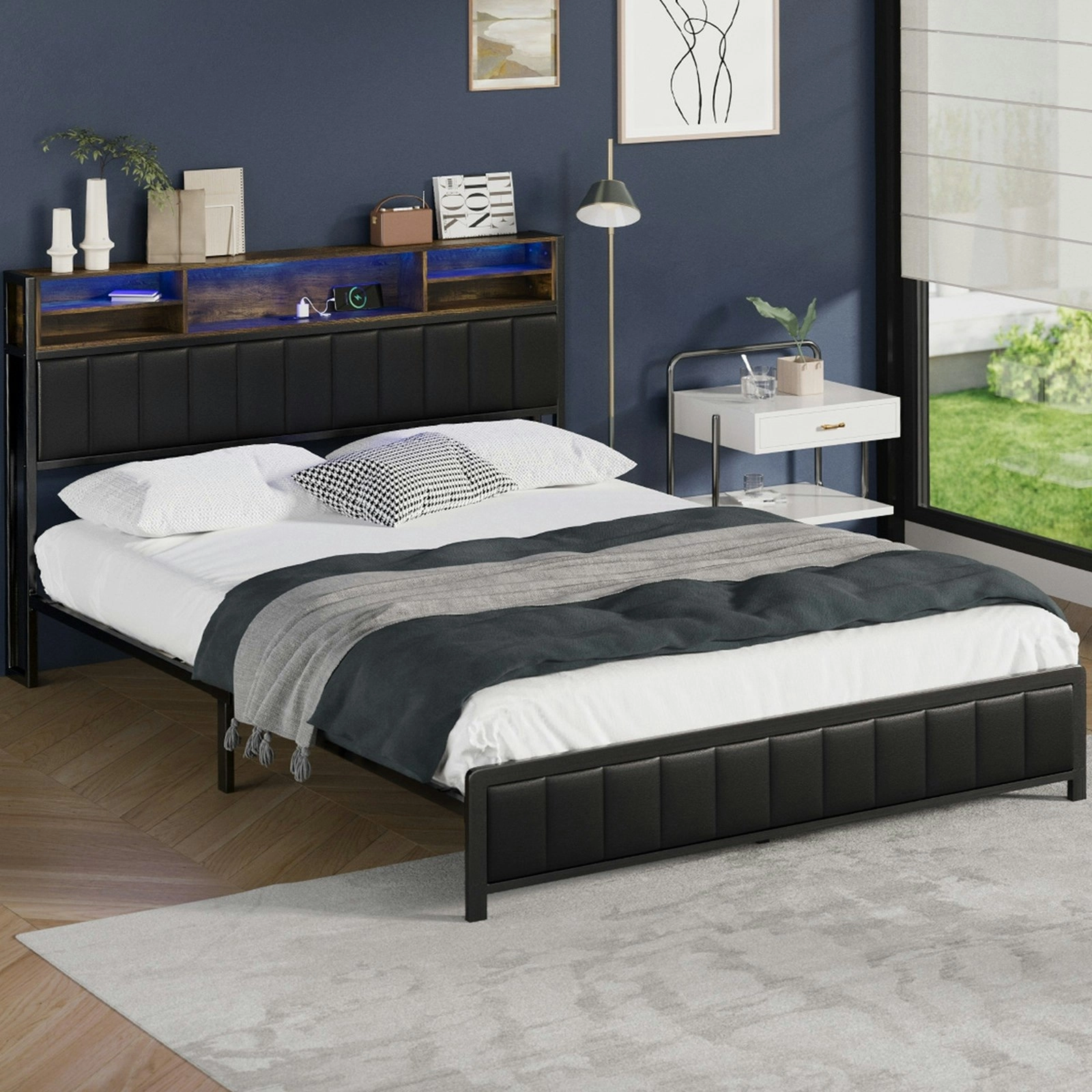 Oikiture Bed Frame Queen Size Beds Base with LED Storage Bedhead Leather Black