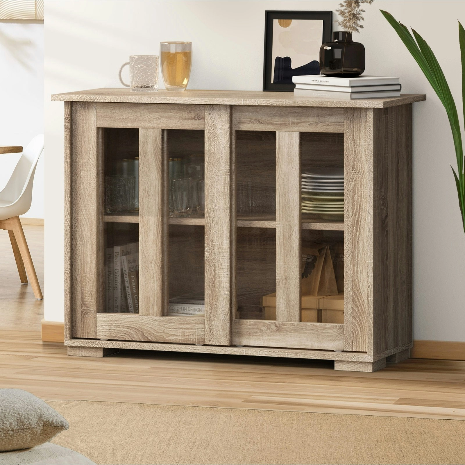 Oikiture Sideboard Buffet Cupboard Cabinet Glass Sliding Door Storage Natural