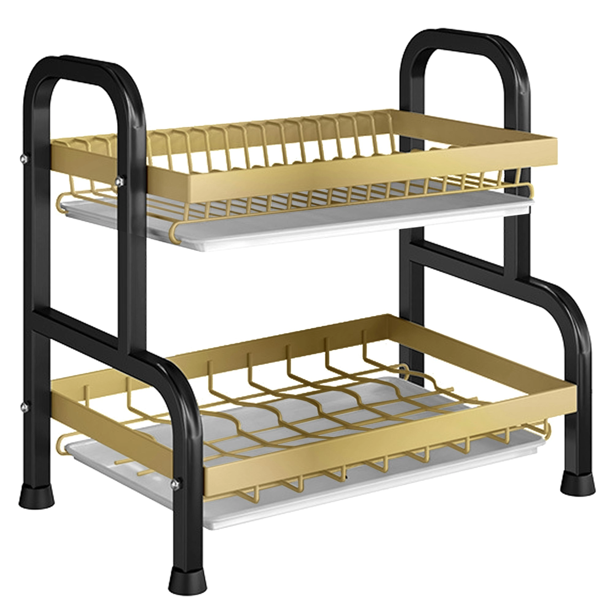 2 Tier Plate Rack Organizer Draining Storage Shelf Bowl Shelves with Water Drip Trays Black Gold