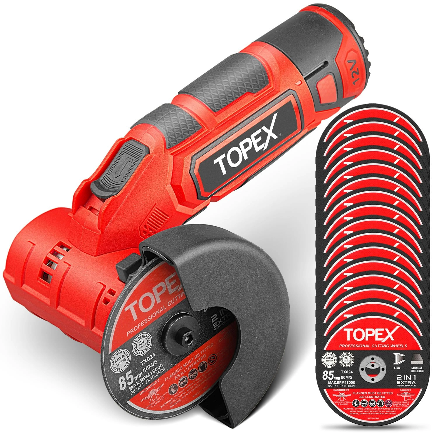 Topex 12V Cordless Angle Grinder 1 Wrench for Metal and Wood w/12V 2.0Ah Lithium-Ion Battery&14.4V /0.4A charger/50PCS 85mm Cutting Wheels Discs