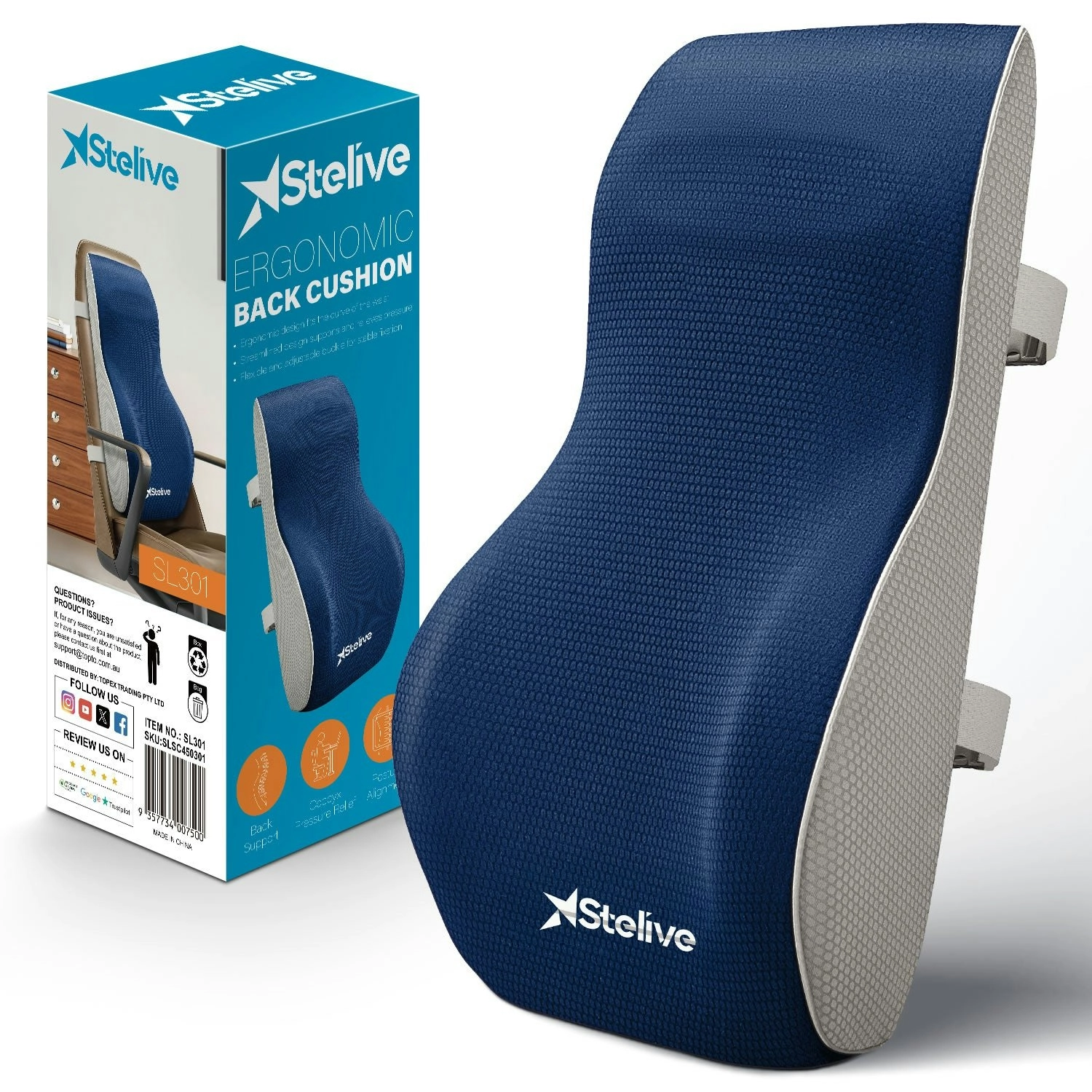 Stelive Ergonomic Back Cushion Lumbar Support Cushion Memory Foam Back Support Orthopedic Backrest Support Pillow w/ Adjustable Straps