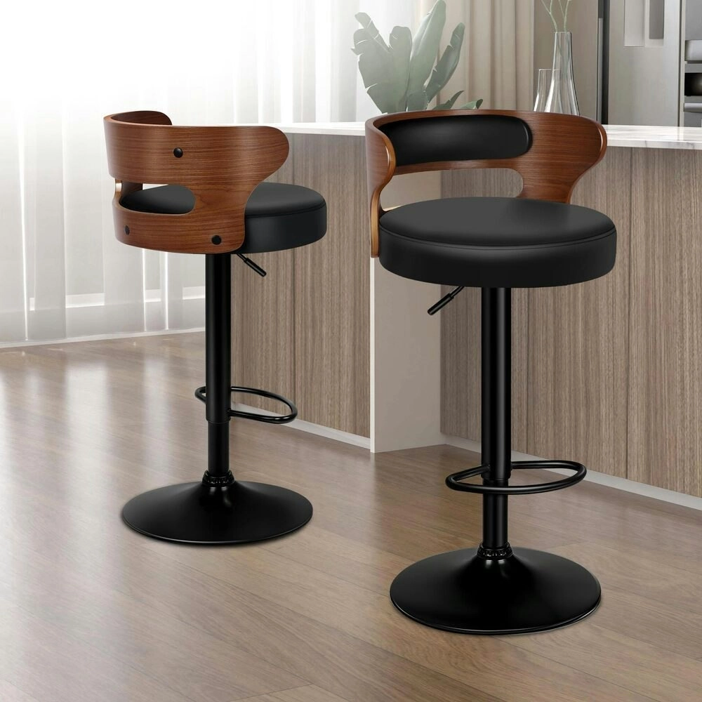 Alfordson 2x Bar Stool Kitchen Swivel Chair Wooden Leather Gas Lift Reno