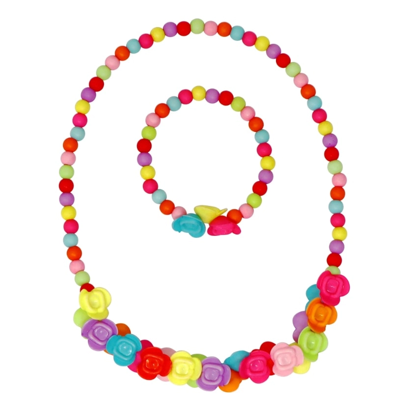 Vibrant Roses Flower Necklace and Bracelet Set