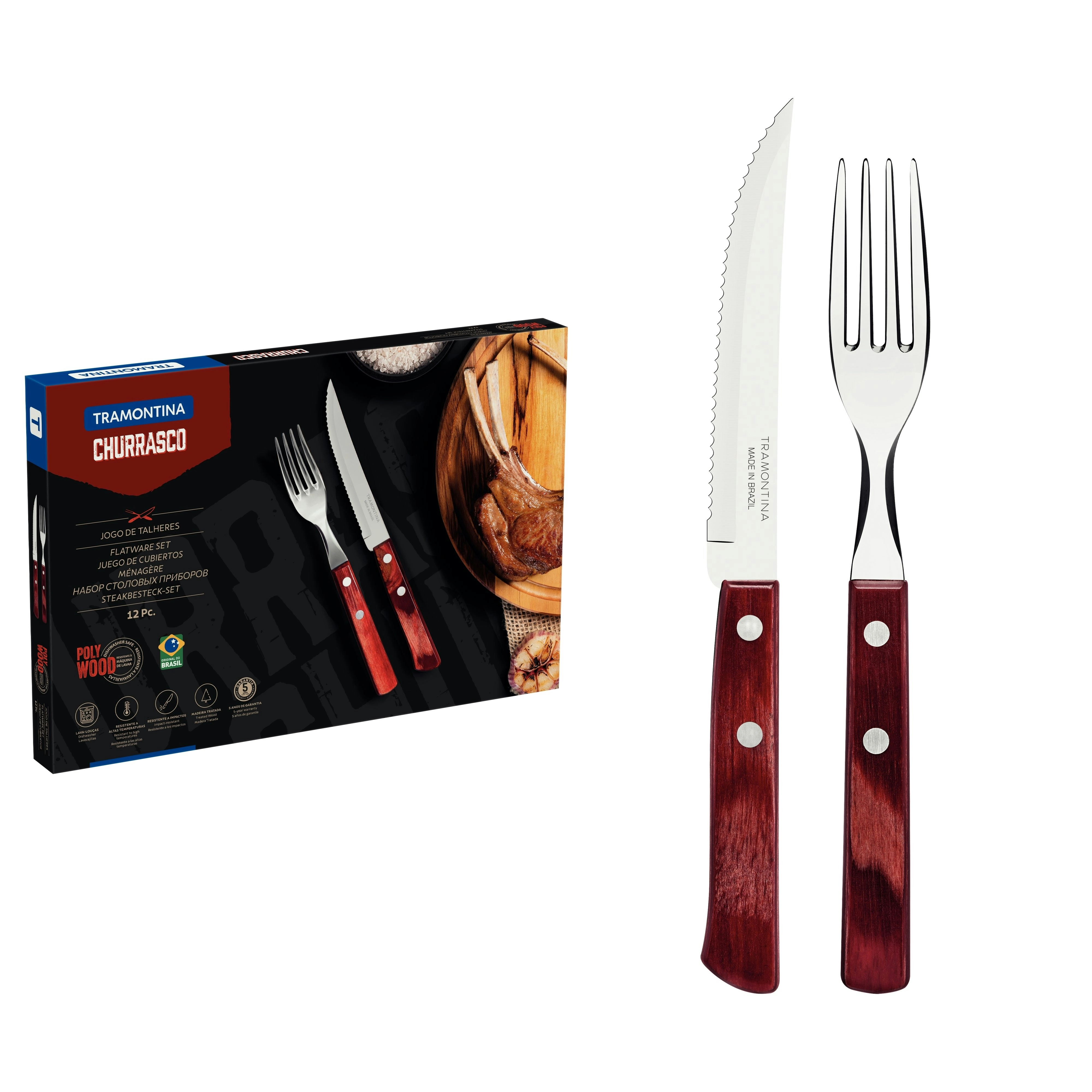 Tramontina 12-Piece Stainless-Steel Flatware Set with Red Polywood Handles