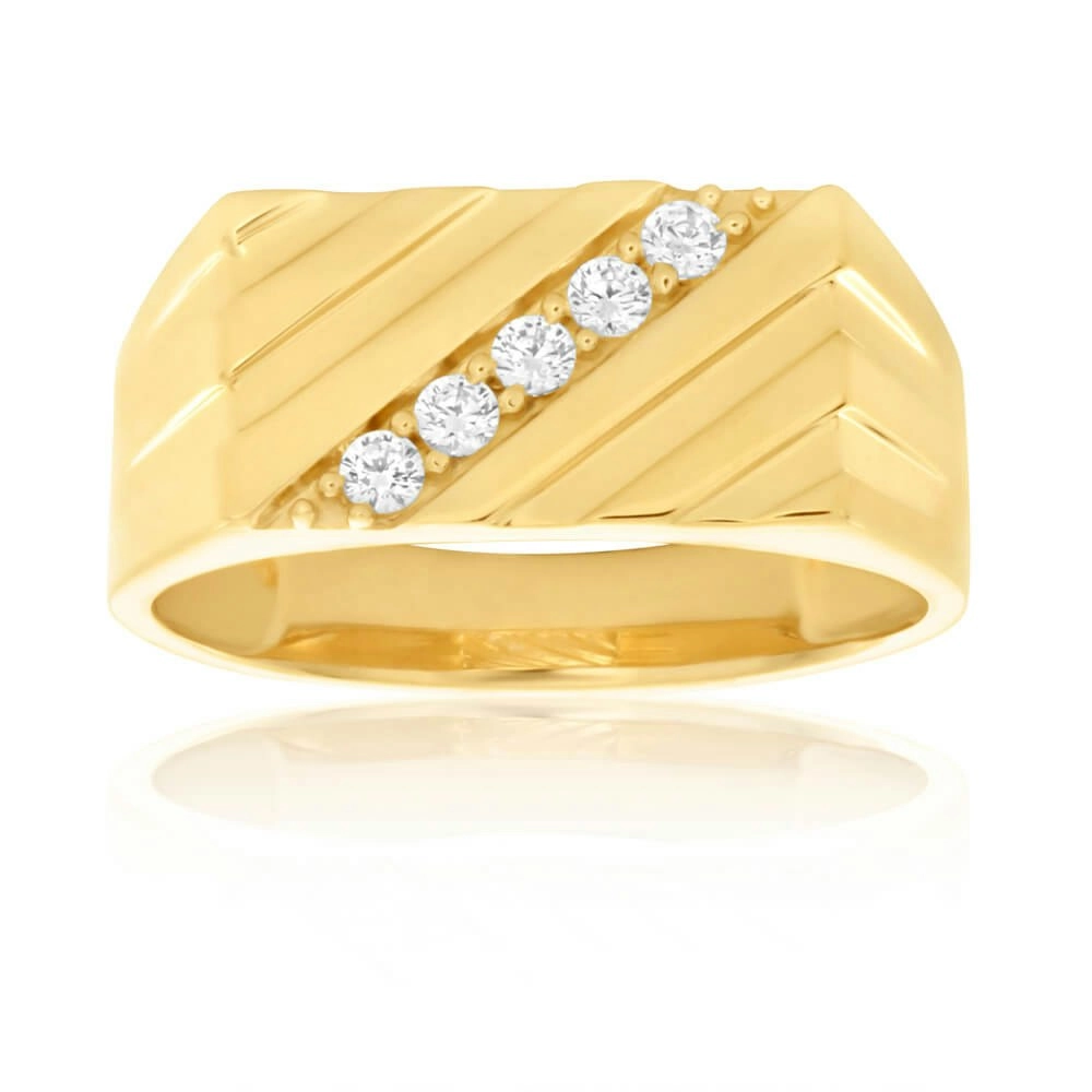 9ct Yellow Gold Diagonal Channel Set Cubic Zirconia Gents Ring