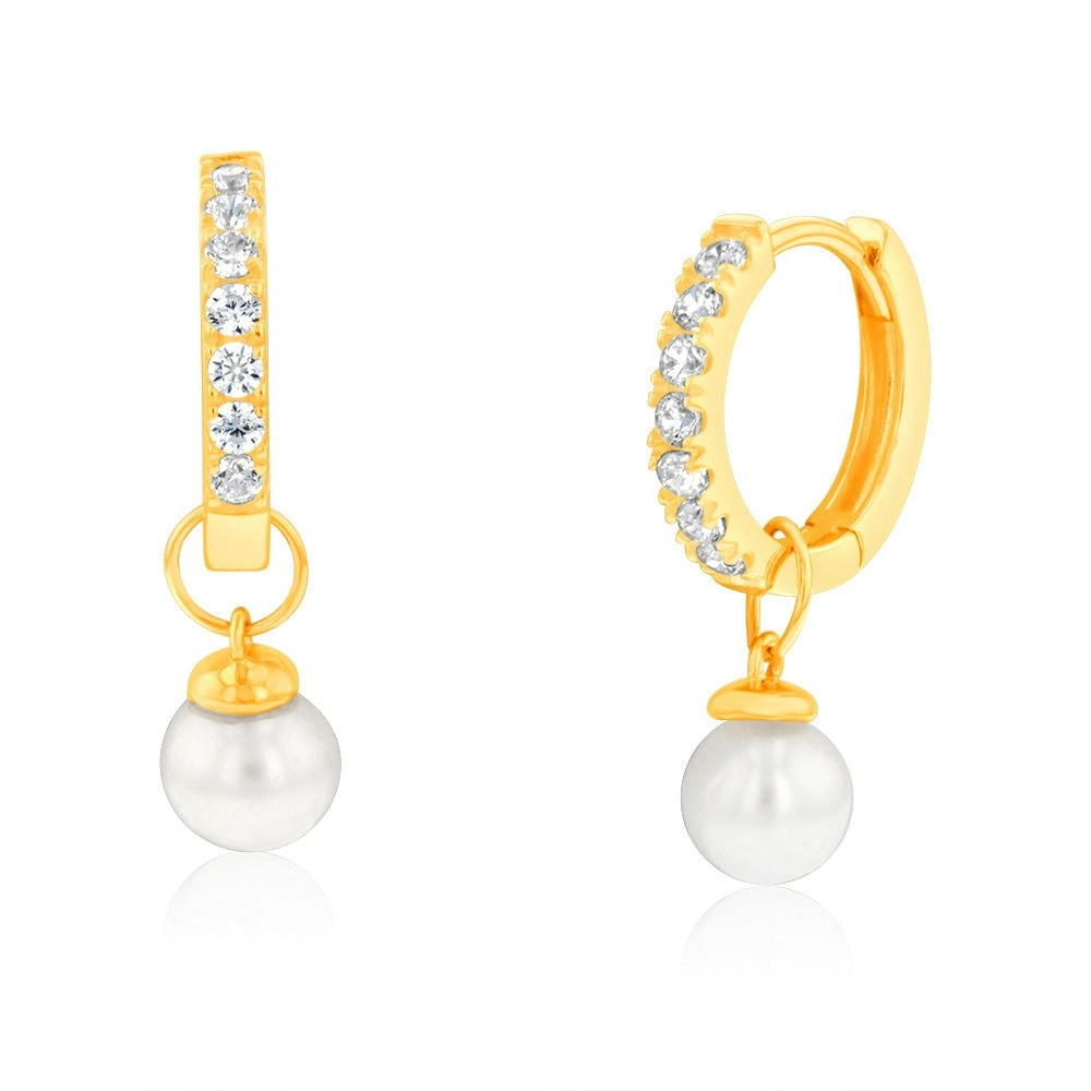 9ct Yellow Gold Freshwater Pearl And Cubic Zirconia Hoop Earrings