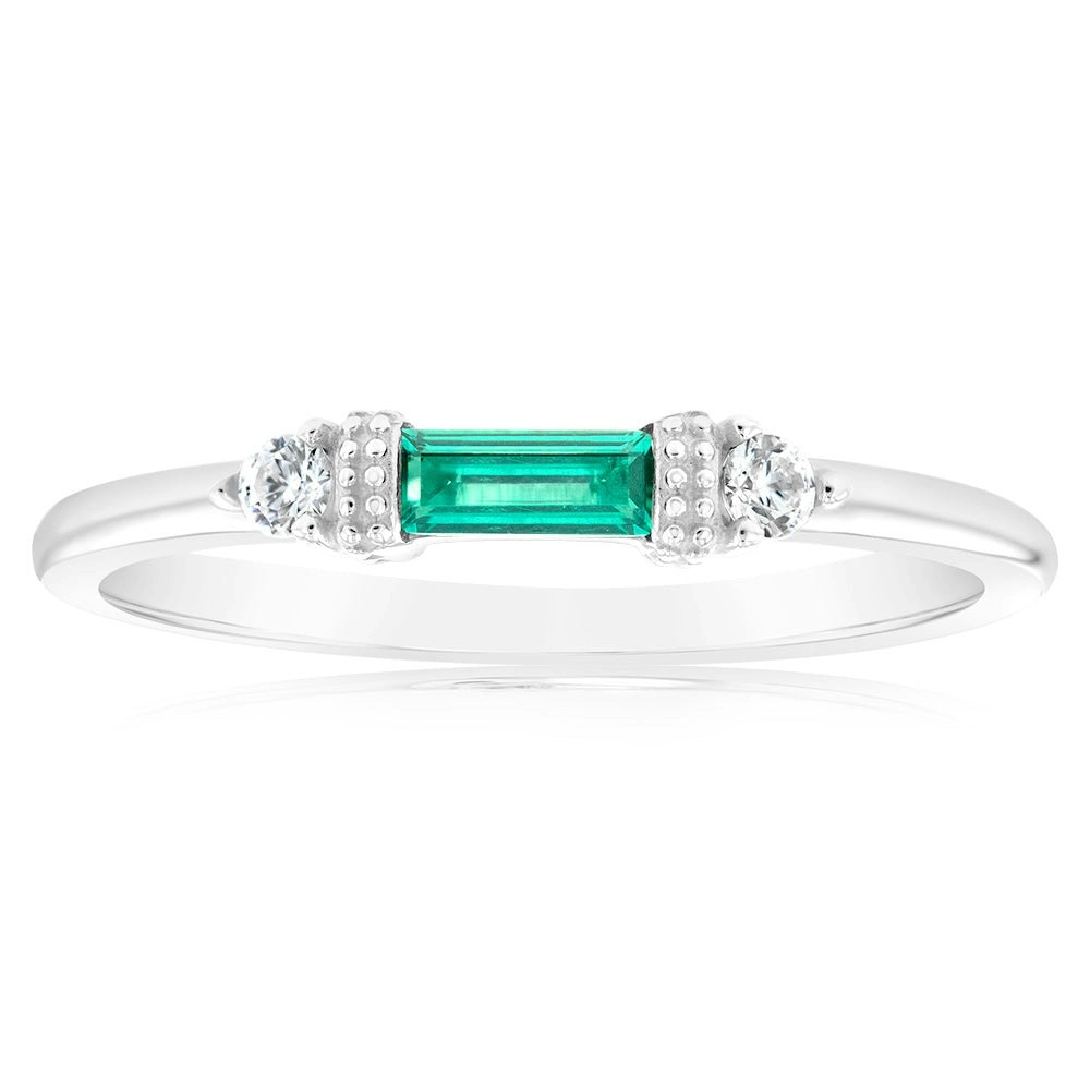 Sterling Silver Rhodium Plated Emerald Stone White Cubic Zirconia Ring