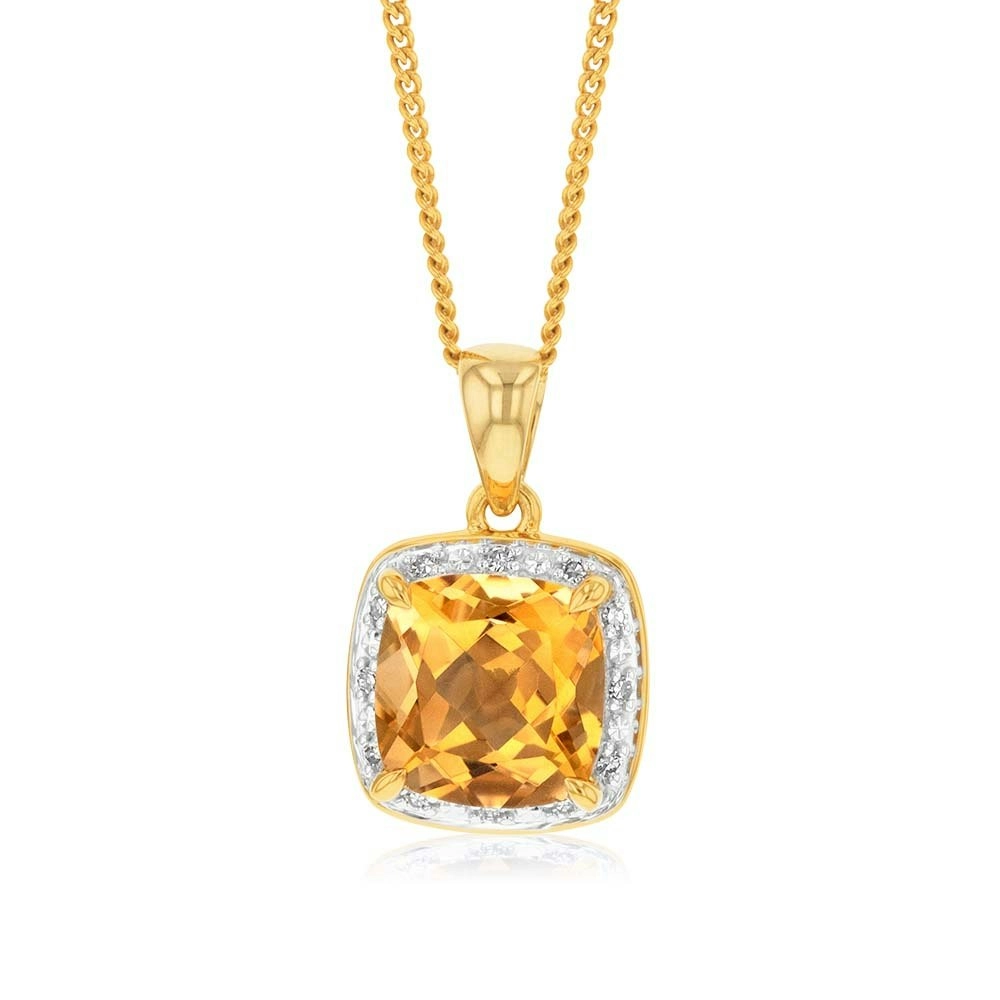 9ct Yellow Gold 8mm 2.00ct Citrine and Diamond Cushion Cut Pendant