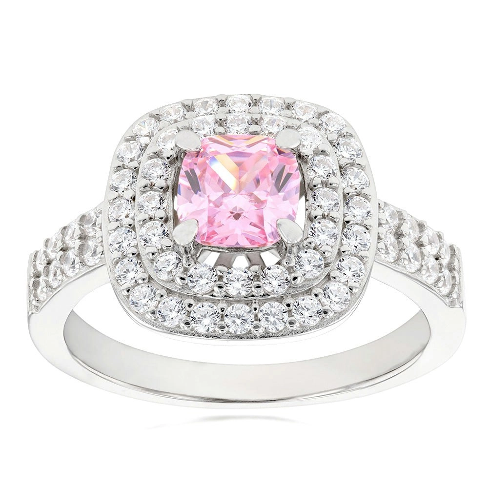 Sterling Silver Rhodium Plated White & Light Pink Cubic Zirconia Cushion Ring