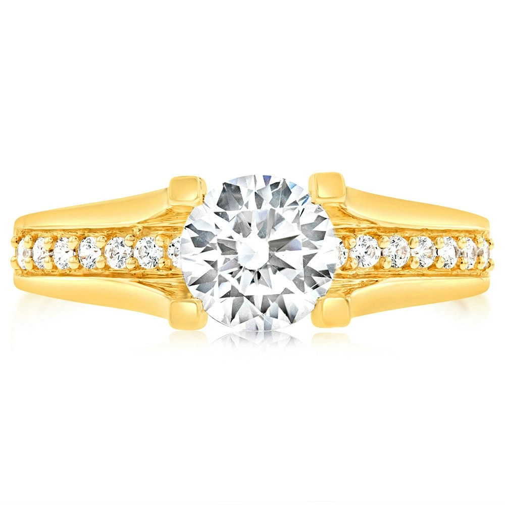 9ct Yellow Gold Round Cubic Zirconia 4 Claw and Channel Set Ring