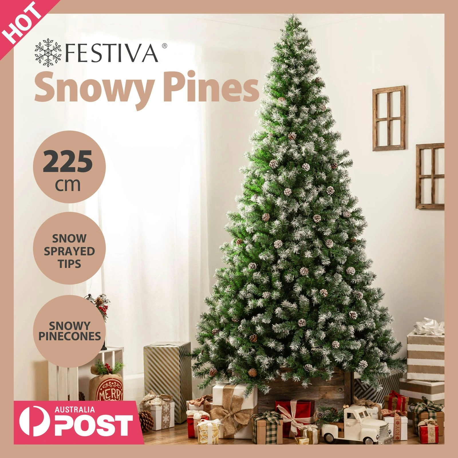 2.25m Snow Sprayed Tip Christmas Tree with Pine Cones