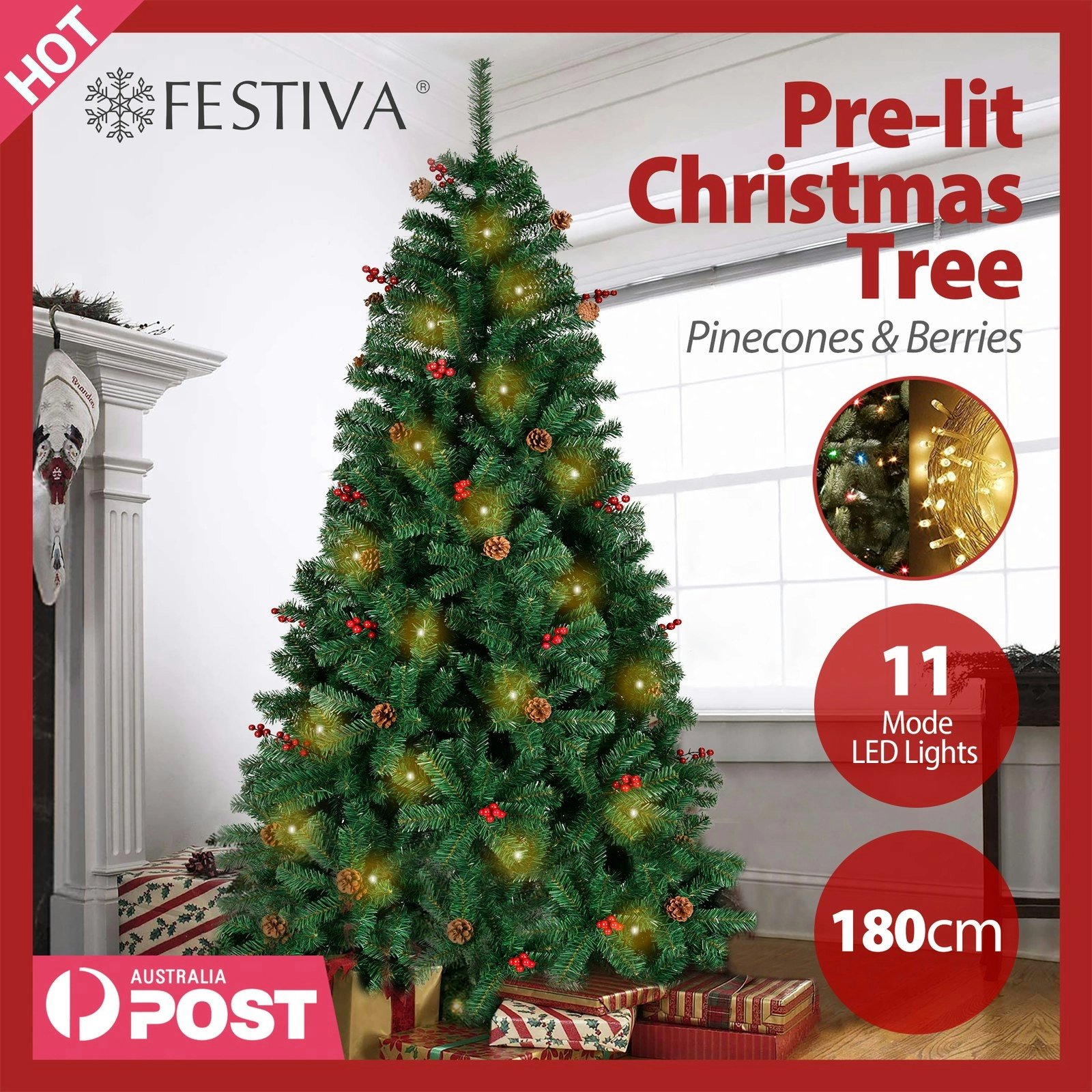 Christmas Tree With LED 1.8m Xmas Trees Pinecone & Berries Decorated