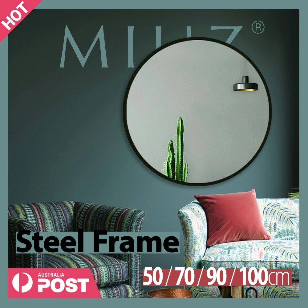 MIUZ Steel Frame Round Wall Mirror Bathroom Makeup Rustic Vanity 50/70/90/100CM