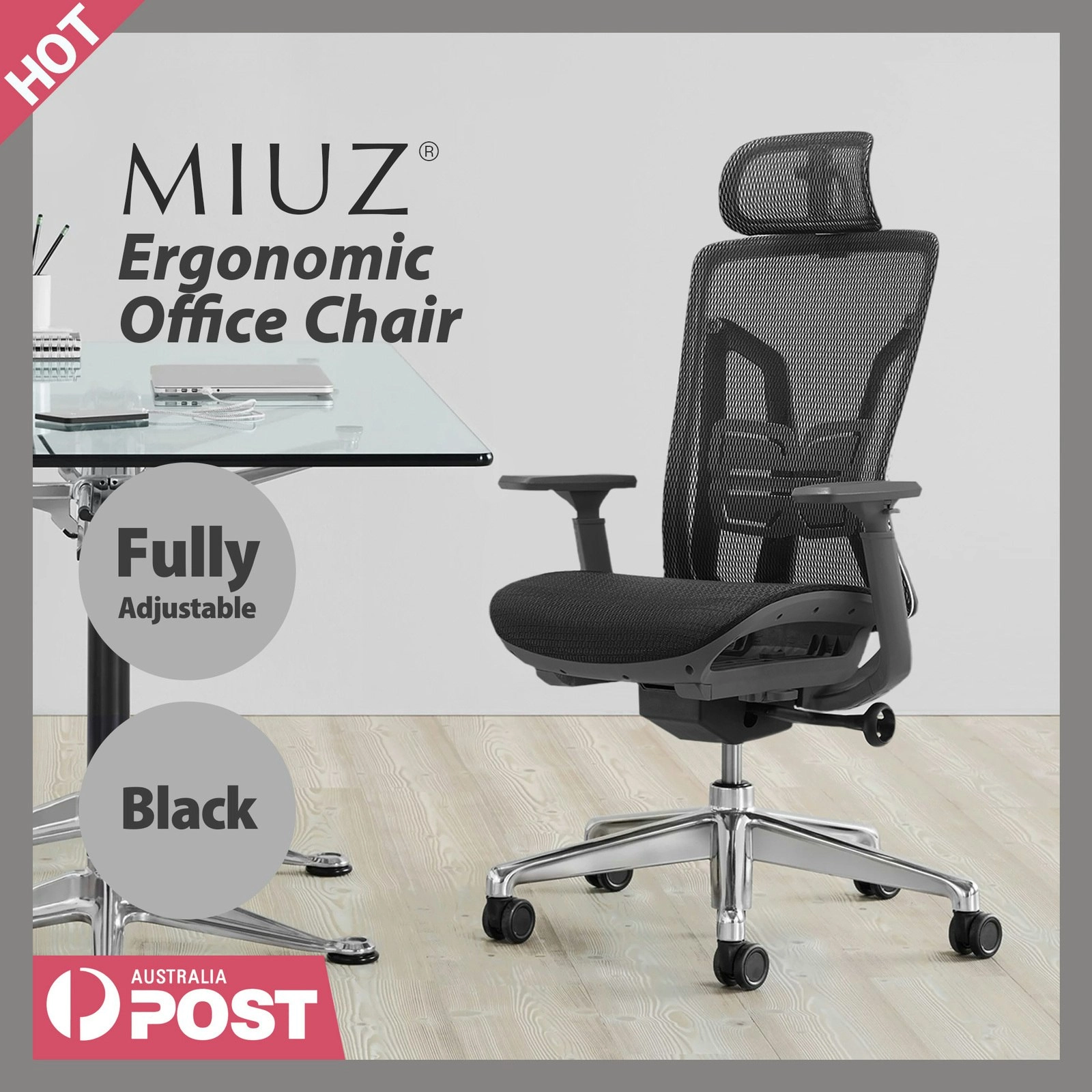 MIUZ Ergonomic Mesh Office Chair Executive Chairs Study Computer Gaming Seat BIFMA & ANSI Certified - Black