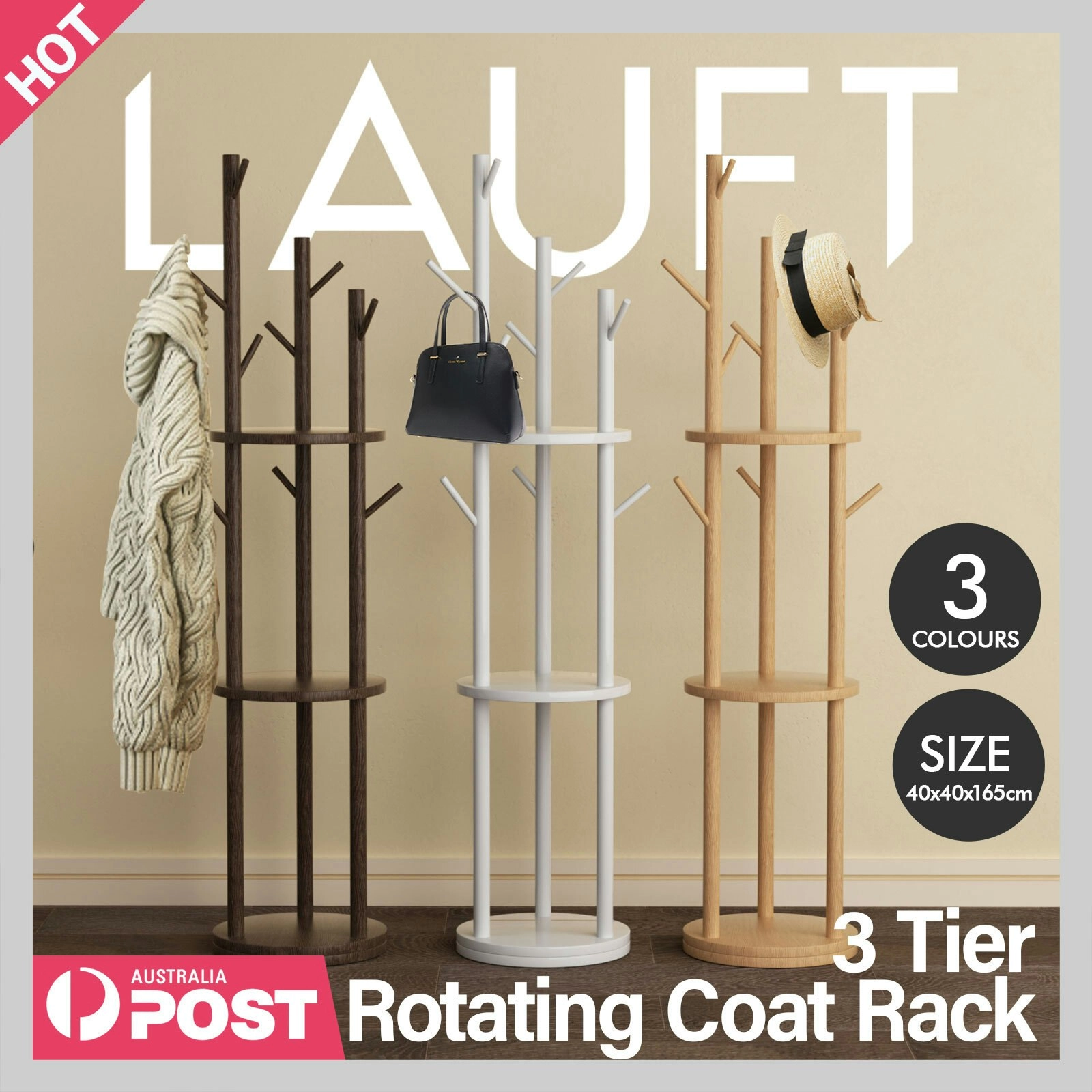 Rotating 3-Tier Hat Coat Clothes Rack Jacket Garment Hanger Storage Stand