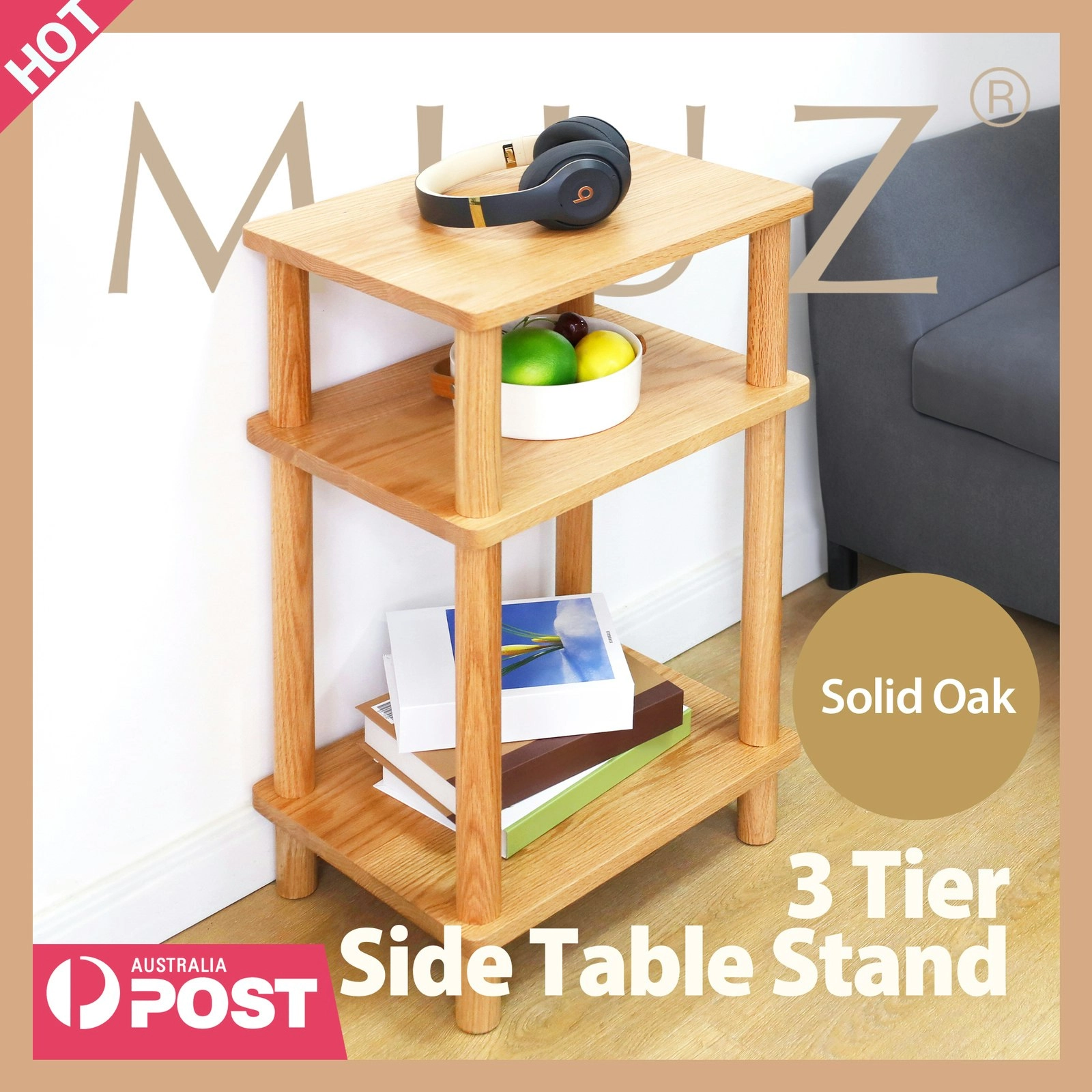 3 Tier Solid Oak Tall Side Table Display Rack Shelf Bookstand Storage Rack Stand