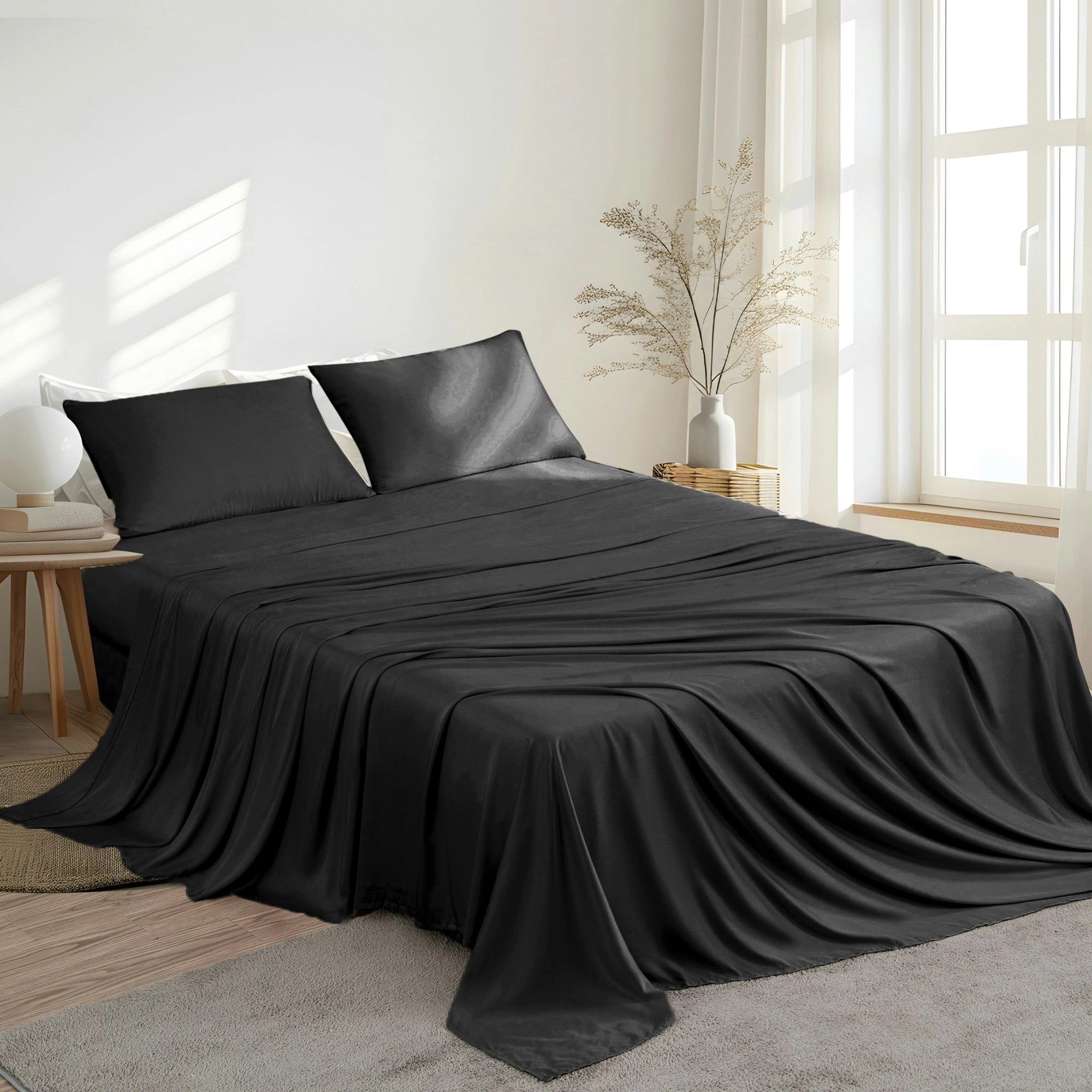 Linenova 100% Organic Bamboo Sheet Sets Cooling Soft 5 Sizes Bed Set,Black