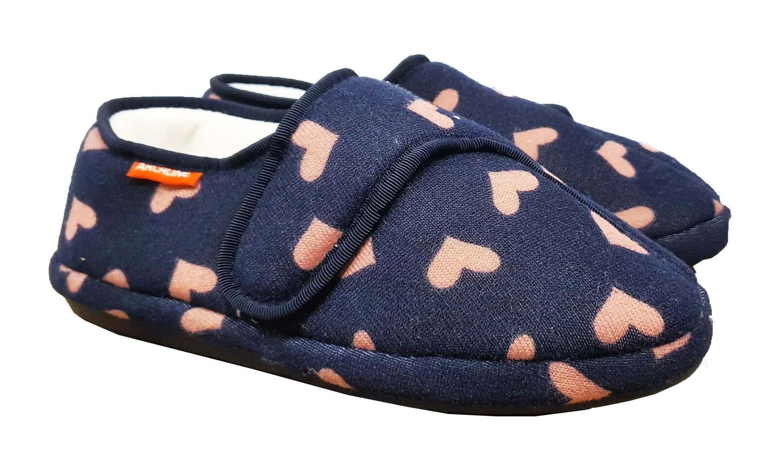 Archline Orthotic Plus Slippers Closed Scuffs Pain Relief Moccasins - Navy Hearts