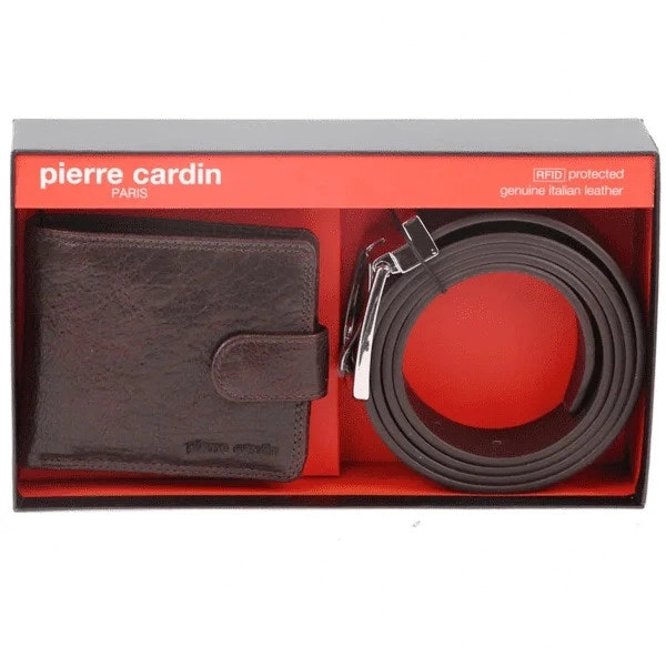 Pierre Cardin Mens RFID Leather Wallet & Belt Gift Set Fathers Day - Chestnut