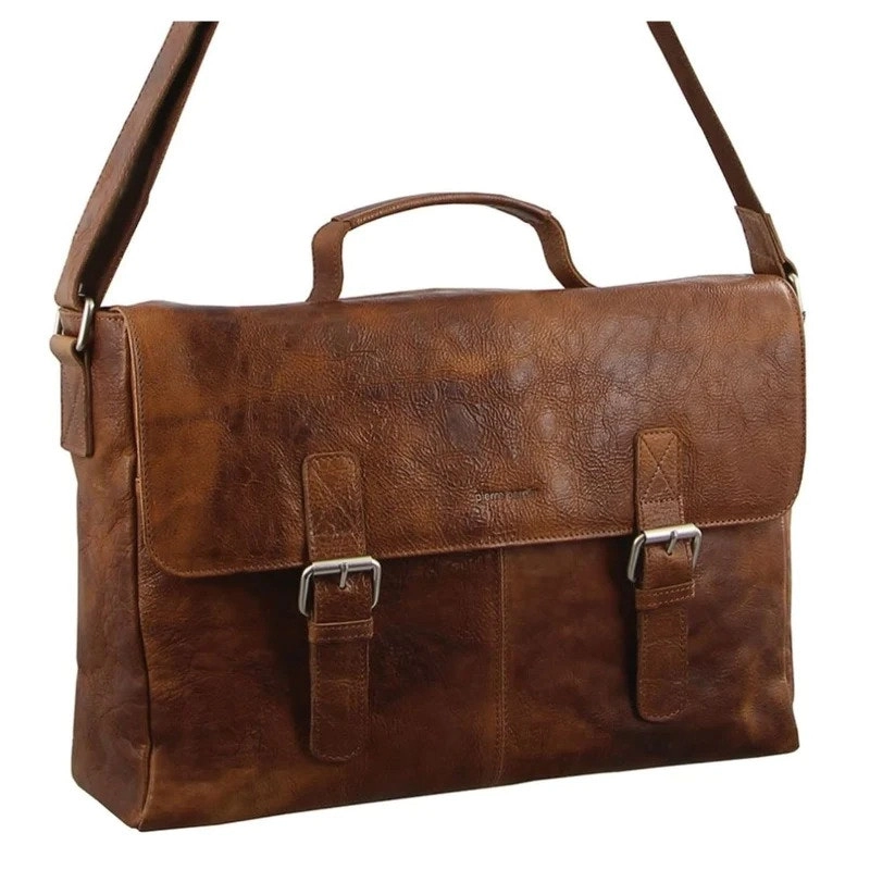 Pierre Cardin Mens Rustic Leather Flap Over Computer/Laptop Bag - Cognac