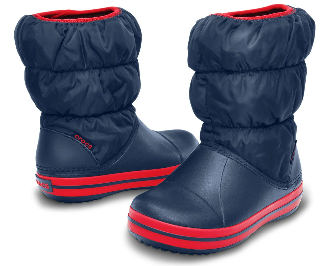 Crocs Kids Winter Puff Boot Childrens Boys Girls Warm Puffer - Navy/Red  - US C7