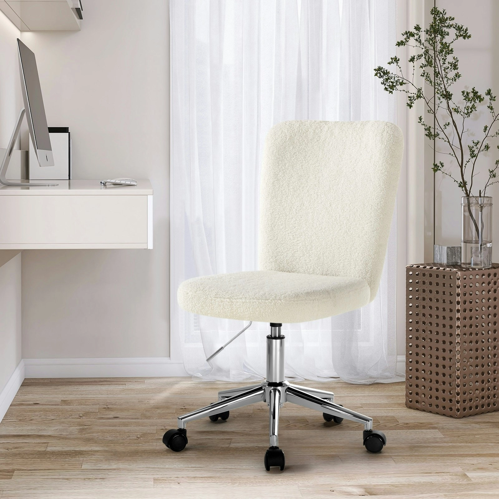 Oikiture High Back Armless Home Office Chair Boucle White&Silver