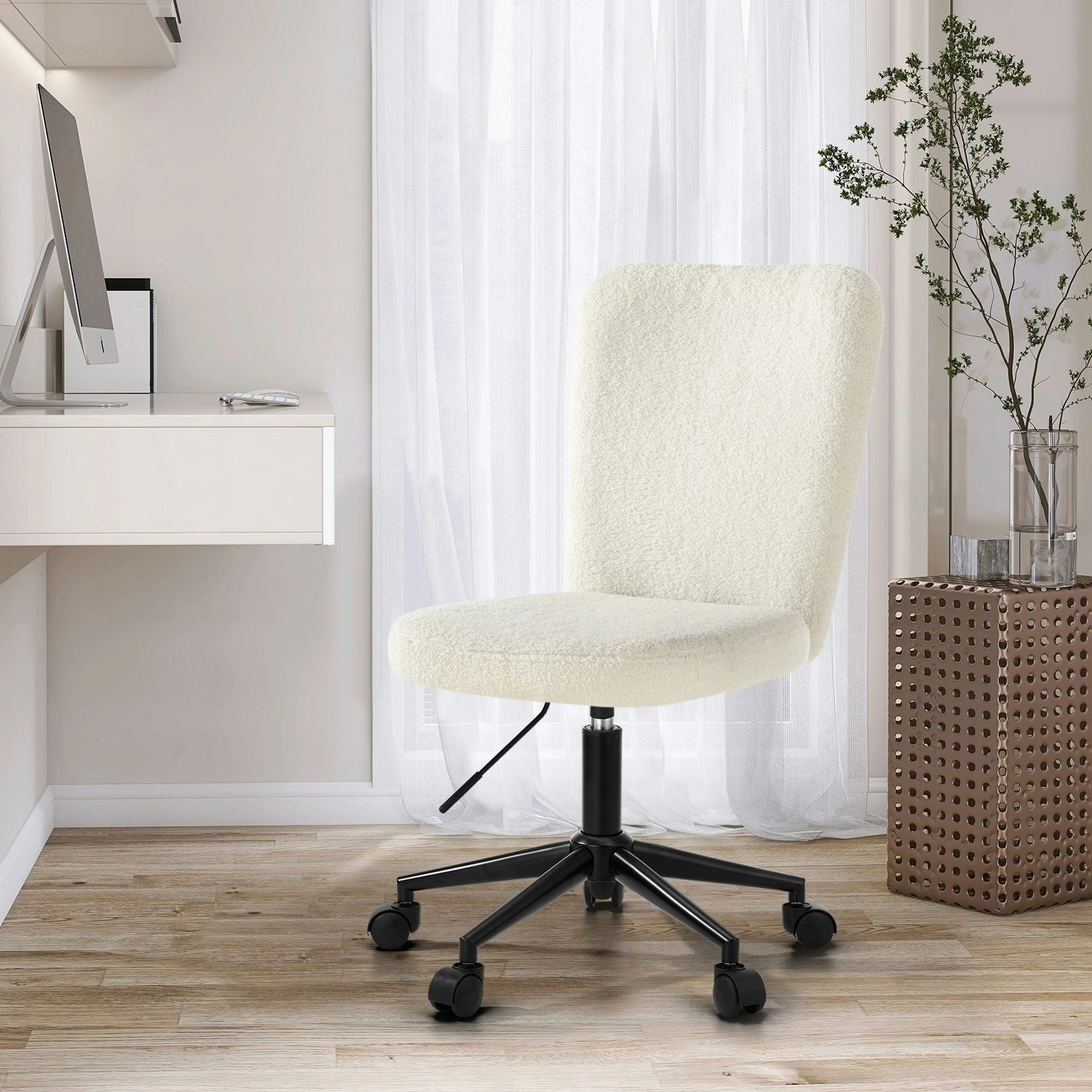 Oikiture High Back Armless Home Office Chair Boucle White&Black