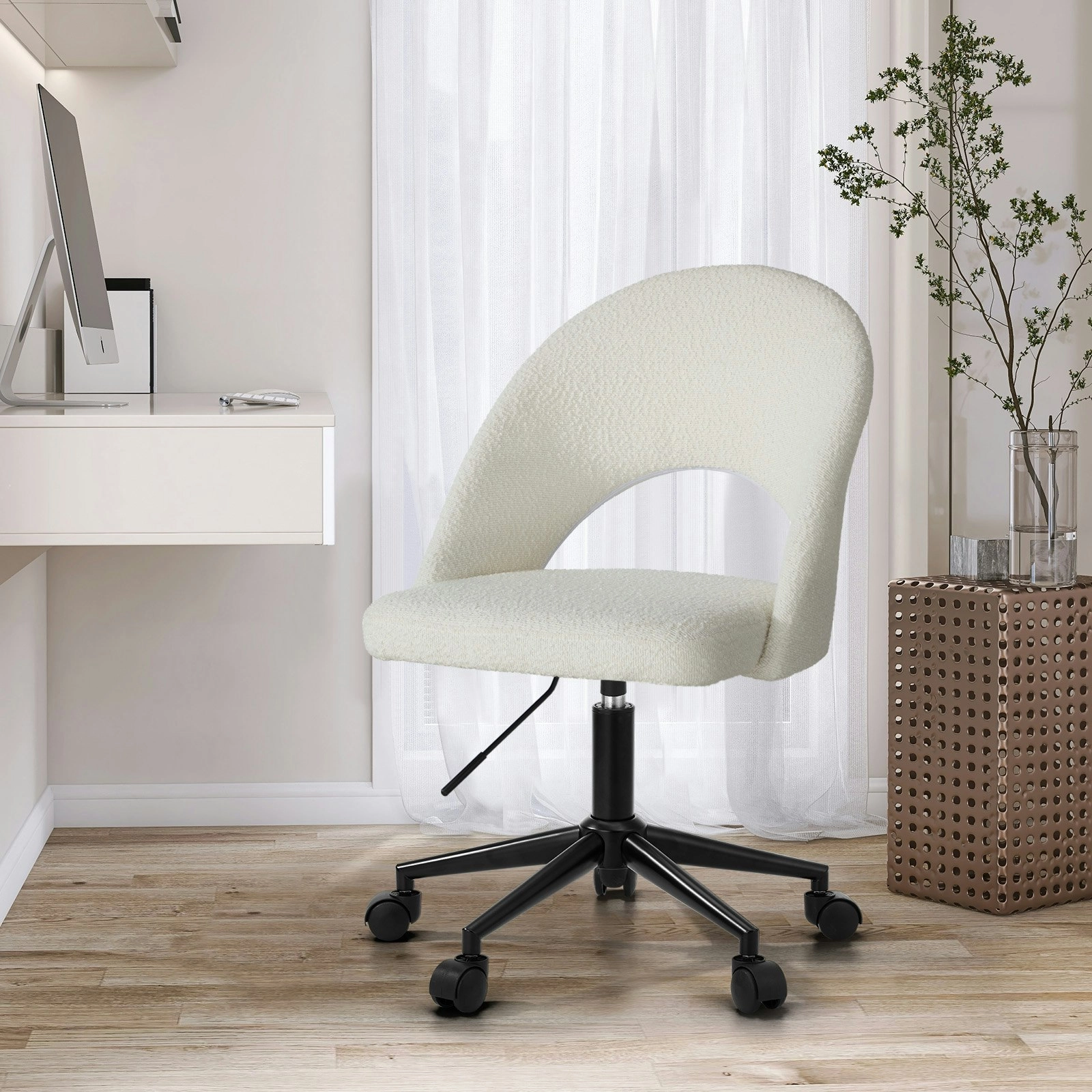 Oikiture High Back Hollow Armless Home Office Chair Boucle White&Black