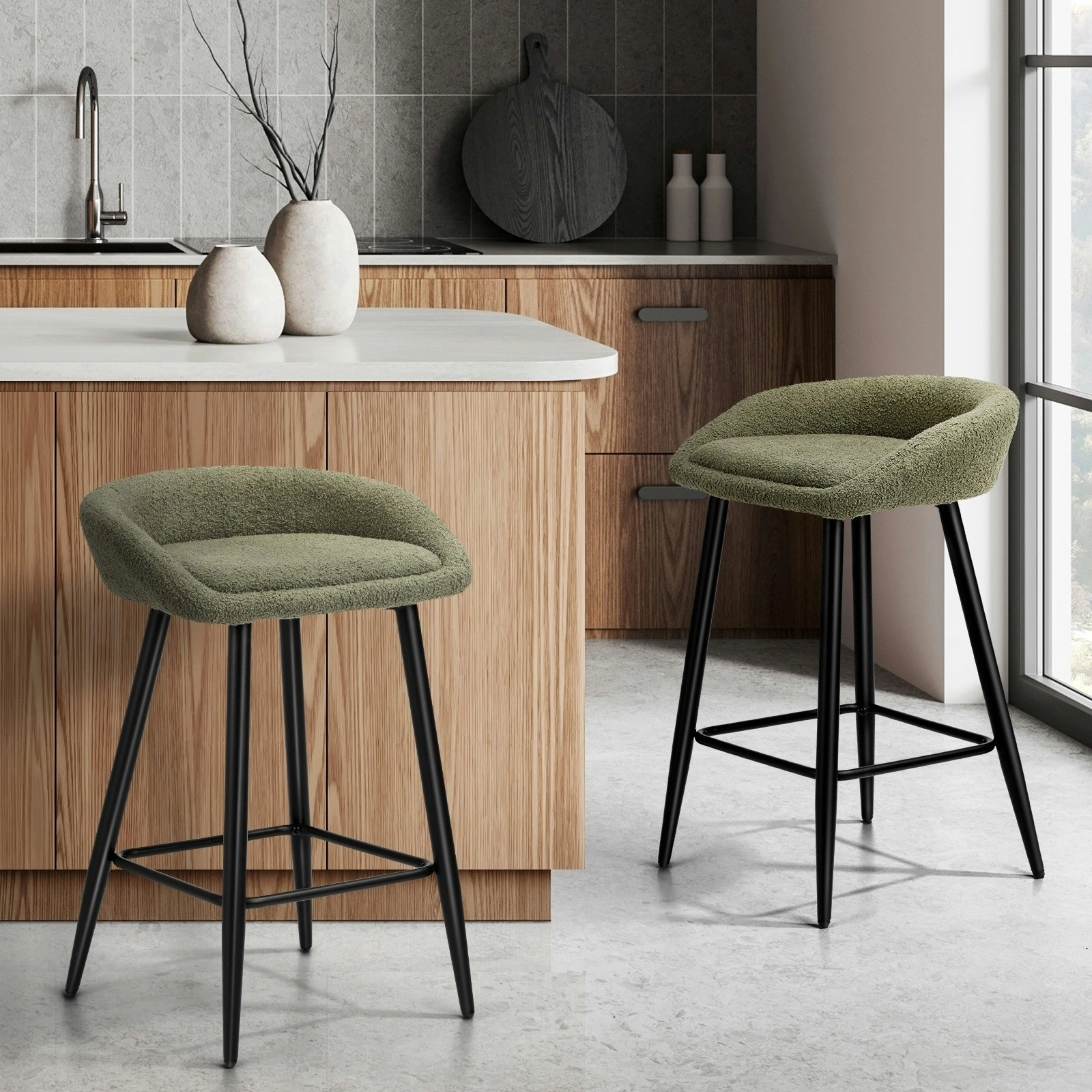 Oikiture 2x Bar Stools Kitchen Dining Chairs Counter Stool Boucle Fabric Green