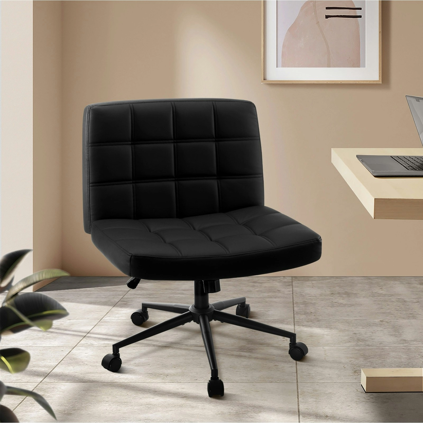 Oikiture Mid Back Armless Office Desk Chair Wide Seat PU Leather Black w/Wheels